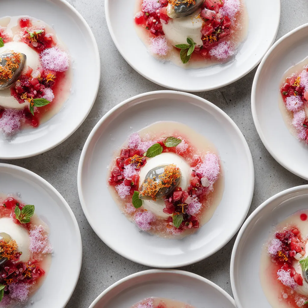 From above, each plate shows a pale ivory panna cotta slightly off-center, topped with a glossy oyster and surrounded by ruby rhubarb pieces, fluffy pink granita crystals, tiny basil leaves, orange zest, and a few drops of translucent syrup on a wide white plate.