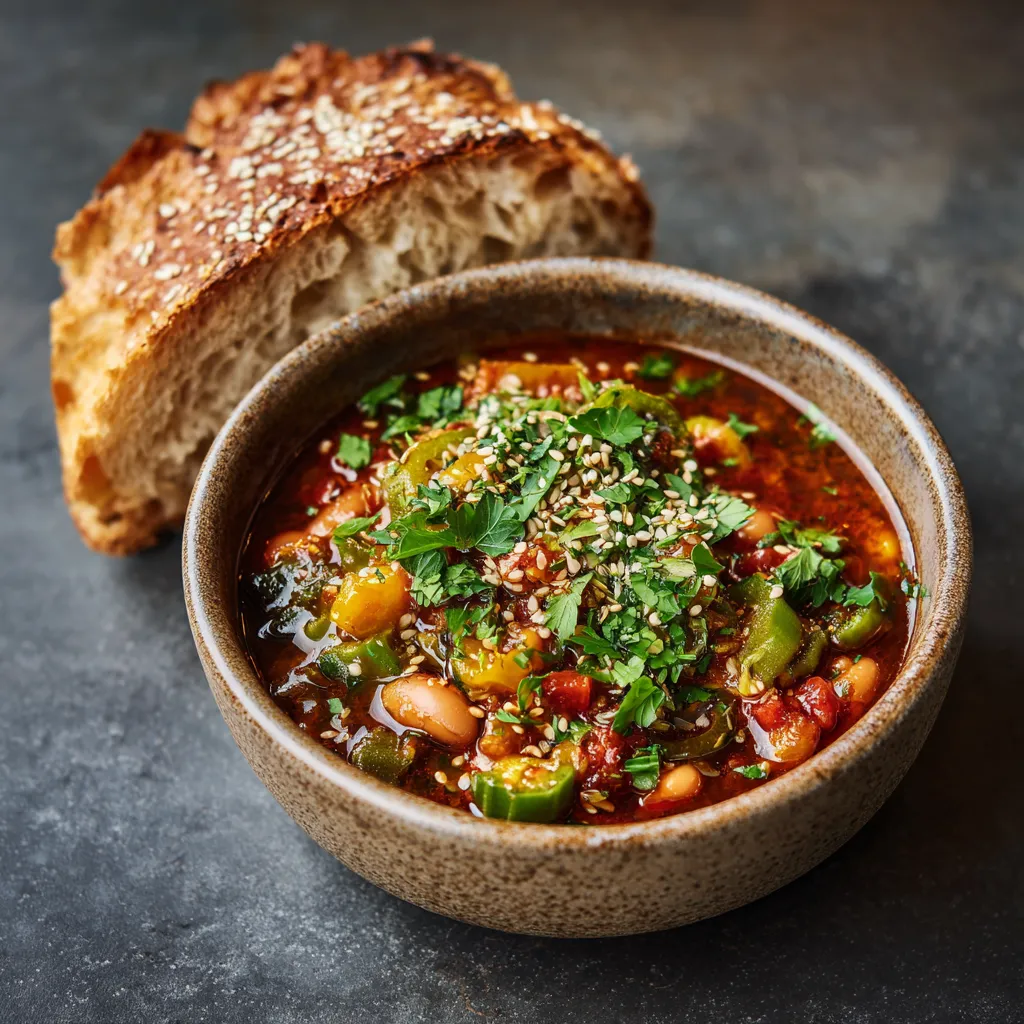 In a rustic bowl, a colorful mix of sauteed bell peppers, pureed tomatoes, okra, and mixed beans lightly coated in a slightly reddish-brown sauce speckled with herbs. It's topped with fresh green parsley and a sprinkle of white sesame seeds. A side of crusty sourdough bread completes the scene.