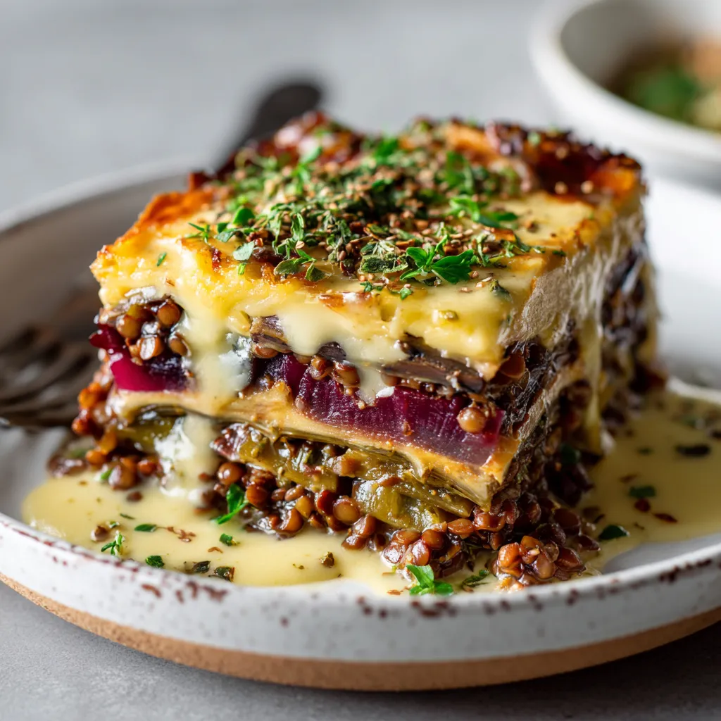 A tempting, golden brown layered casserole with alternating hues of burgundy lentils, creamy beige béchamel sauce, and deep purple eggplant. Specks of green herbs and tinges of warm spices peek through the layers, all on a rustic white serving dish.