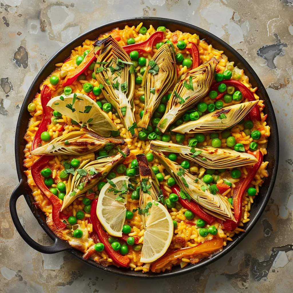 From above, the vegan paella displays a canvas of rich mustard-coloured rice dotted with emerald green peas and wedges of artichokes. Strips of roasted red and yellow bell peppers lay on top, their edges caramelized, while slices of lemon and a sprinkle of fresh parsley add bursts of bright colours.