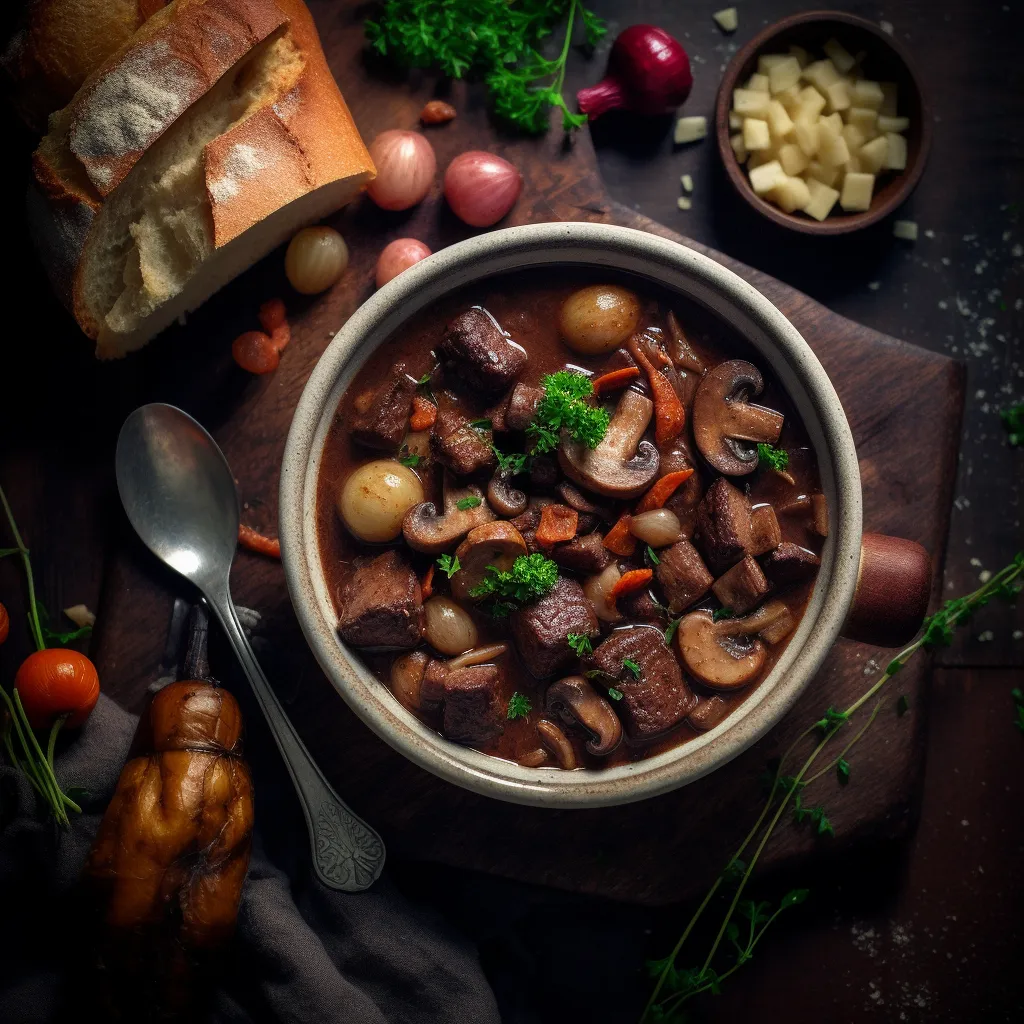 A rich and hearty stew of tender venison, mushrooms, and pearl onions, served in a deep bowl with a slice of crusty bread.