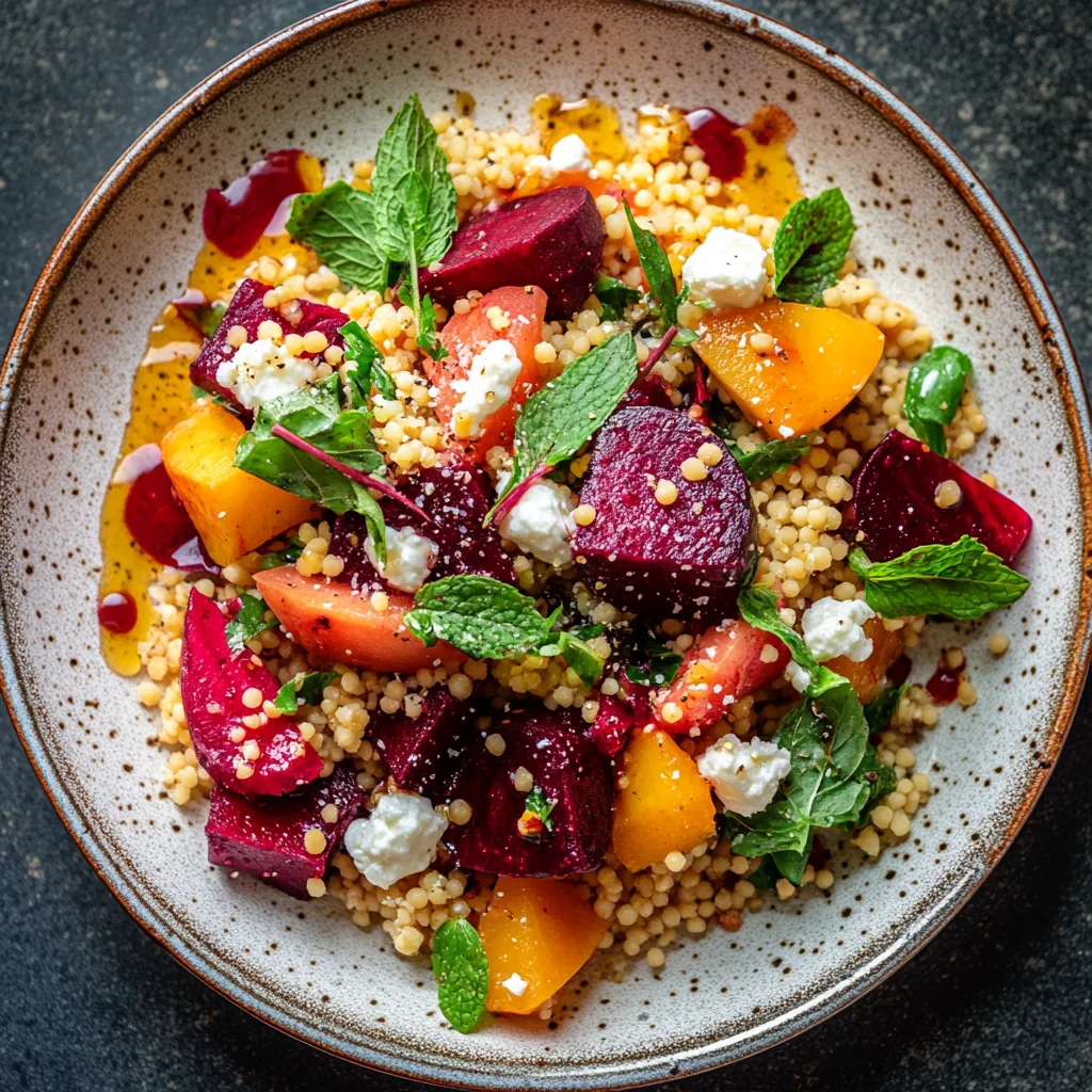 A vibrant mosaic of red and green hues, with jewel-like beet chunks and fresh herbs against a backdrop of the golden toasted couscous. The plate is garnished with dots of goat cheese, sprigs of mint and a drizzle of vinaigrette adding a tantalizing sheen.