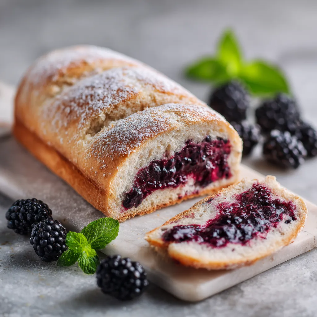 A vibrant, alluring loaf bread with a crispy exterior, fluffy and soft inside bursting with the dark purple jammy delight of blackberries. The light dusting of powdered sugar makes it sparkle, while a cluster of fresh blackberries & mint leaves on the side echoes the fruit infusion inside.