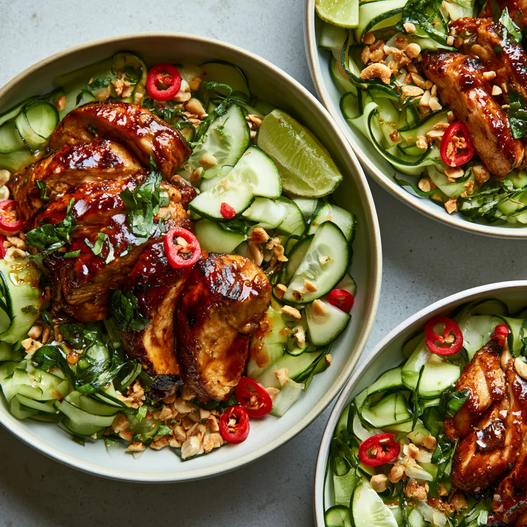 From above, glossy mahogany chicken slices rest over pale green zucchini ribbons in shallow bowls, scattered with torn herbs, cucumber crescents, red chili rings, crushed peanuts, and tiny lime wedges for a vibrant, high-contrast finish.