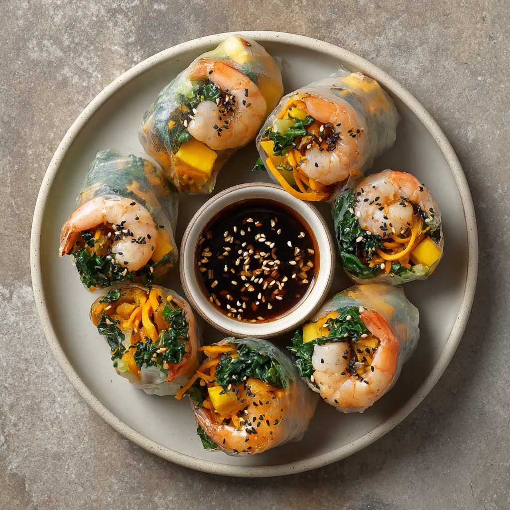 From a top view, imagine a plate with four translucent spring rolls, arranged in a circle. Each roll is slightly open at the ends, revealing the vibrant colors of sautéed shrimp, orange butternut squash noodles, deep green kale, and sprinkled black sesame seeds. One roll is cut halfway open, lying against a small bowl of tangy fish sauce in the center.