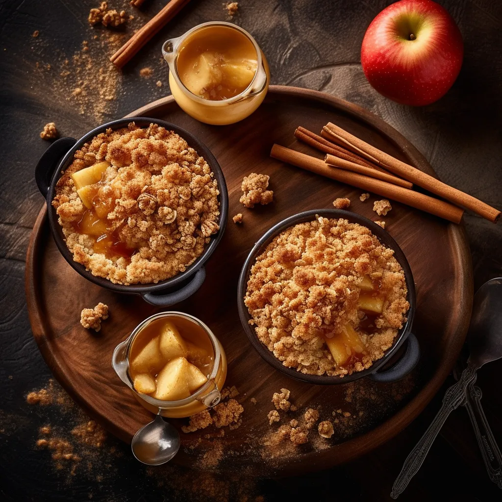 A warm apple crumble served in individual ramekins. The apples are cooked until soft and fragrant, and then topped with a crumbly mixture of oats, butter, and spices. The golden topping is slightly caramelized and deliciously crunchy.