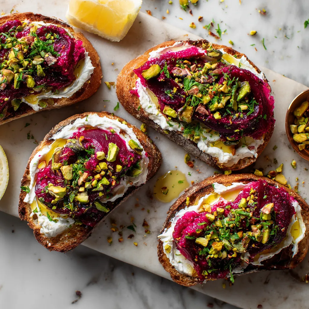 From above, four rustic sourdough toasts sit on a platter, each swirled with white whipped goat cheese and topped with jewel-toned ruby beet smash. Bright green herbs, chopped pistachios, lemon zest, and a drizzle of honey create a bold pink, green, and gold contrast against the toasted bread.