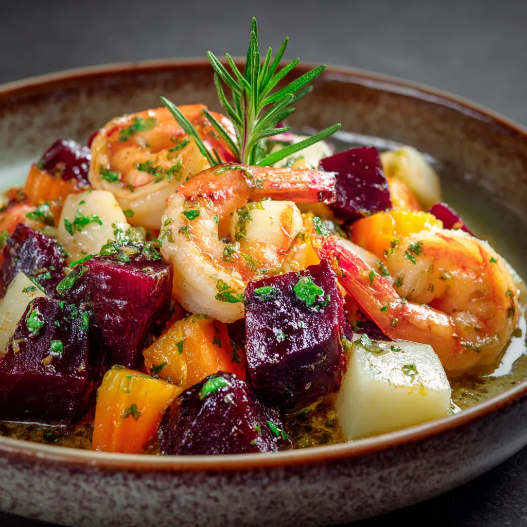 The dish is presented in a rustic shallow earth-toned bowl. A colorful blend of golden shrimp is nestled amongst chunks of deep purple beetroot, creamy white turnip, and orange carrot. Small green flecks of parsley and rosemary add contrast. The veggies glisten with a light sauce. A small sprig of rosemary sits on top as garnish.