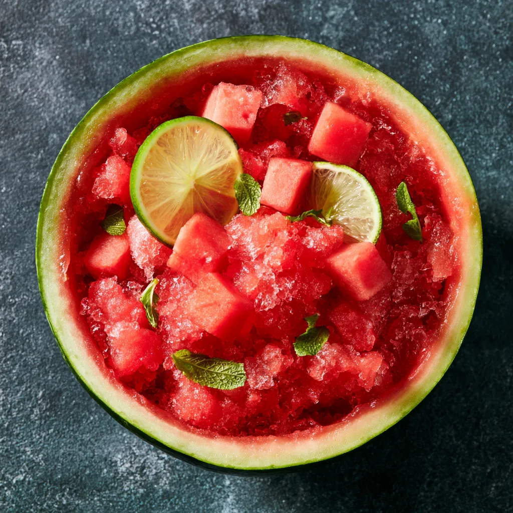 From above, a halved watermelon acts as a vibrant bowl filled with ruby-red granita, crowned with lime slices, tiny mint leaves, and neat cubes of watermelon, with glistening ice crystals catching the light against the green rind.