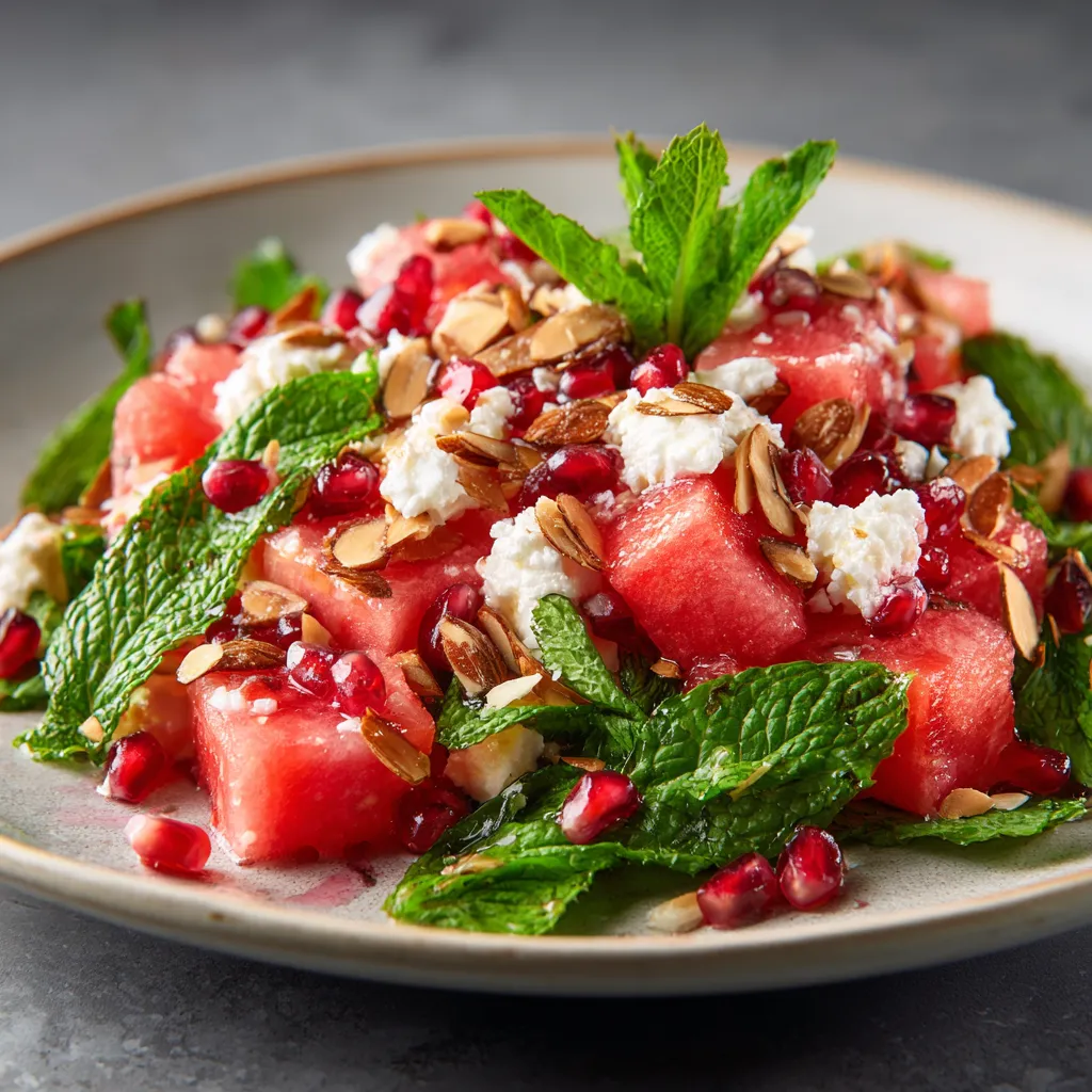 The plate showcases a bed of bright green mint leaves topped with vibrant pink watermelon cubes interspersed with crumbled white feta. Scattered atop are ruby red pomegranate seeds and caramel-toned toasted almonds. The dressing adds a glossy sheen to the salad, while a garnish of freshly picked mint at the center completes this visual symphony.