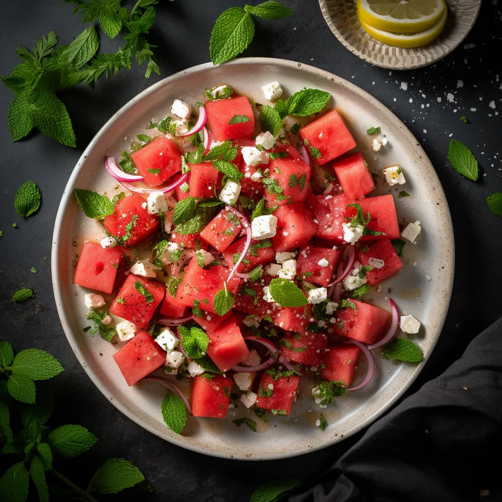 A vibrant salad featuring diced watermelon, crumbled feta cheese, and sprinkles of fresh mint leaves on top, all arranged beautifully on a platter.