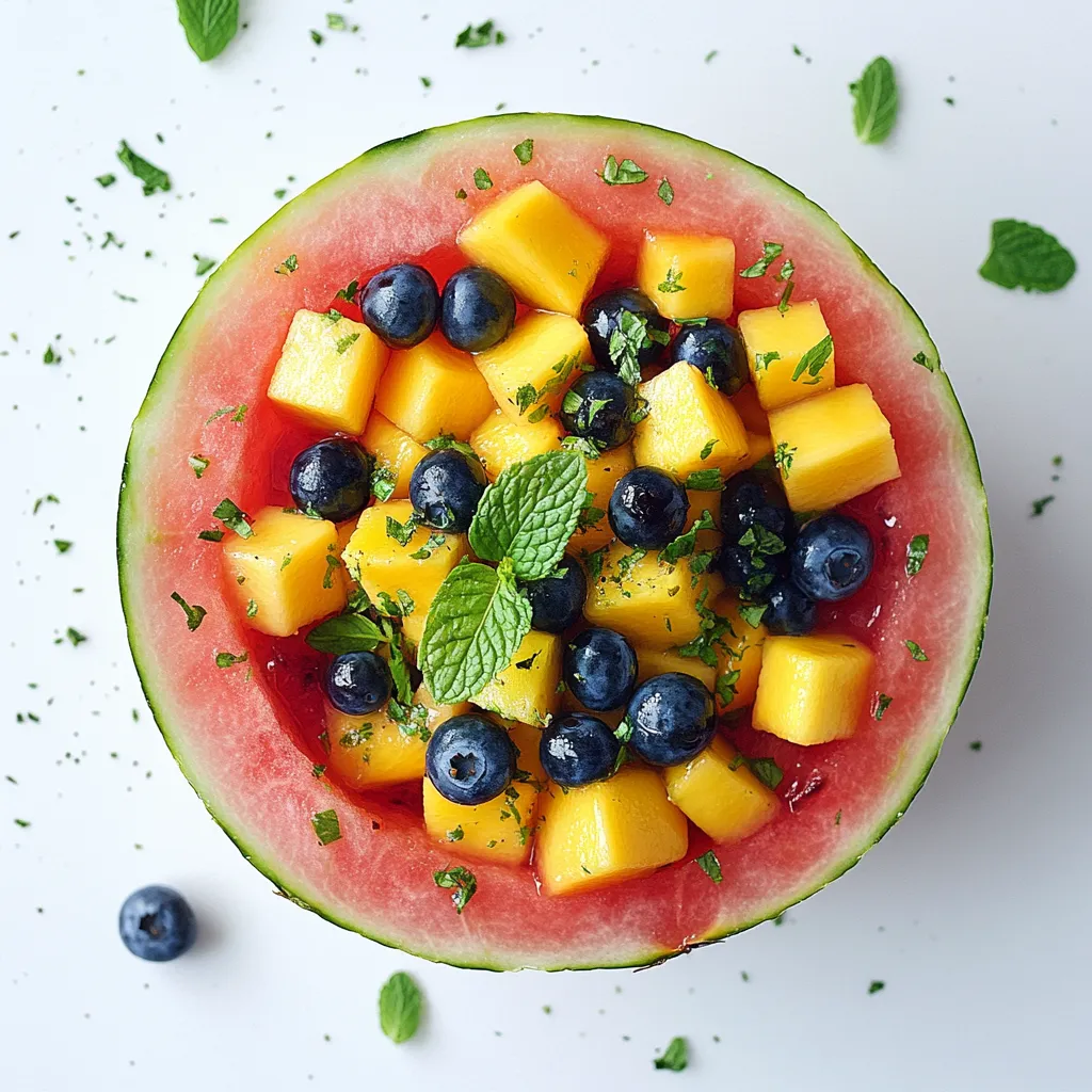 Looking from above, a hollowed watermelon half serves as an eye-catching edible bowl. The pink of the watermelon is complemented by vivid hues – the sunny yellow mango specks, the darling blueberries dotting the scene, and the lime green mint leaves sprinkled on top. It's a summer color explosion exuding freshness and vibrancy.