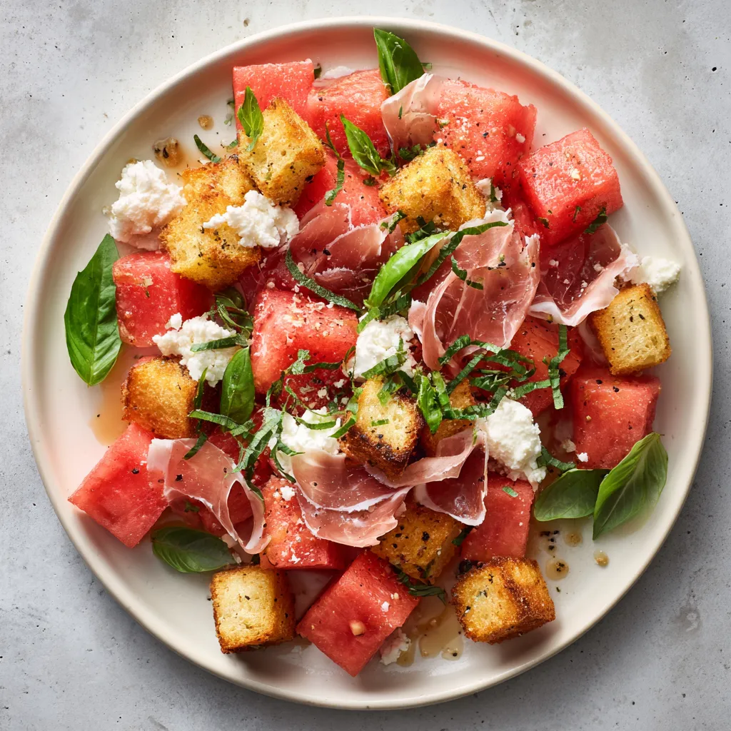 A vibrant yet rustic plate, shades of pink watermelon cubes next to crispy golden croutons, all splashed with pieces of lush green basil. Delicate tendrils of light pink prosciutto and white ricotta salata crumbles add contrasting texture against a backdrop of a glossy white platter.
