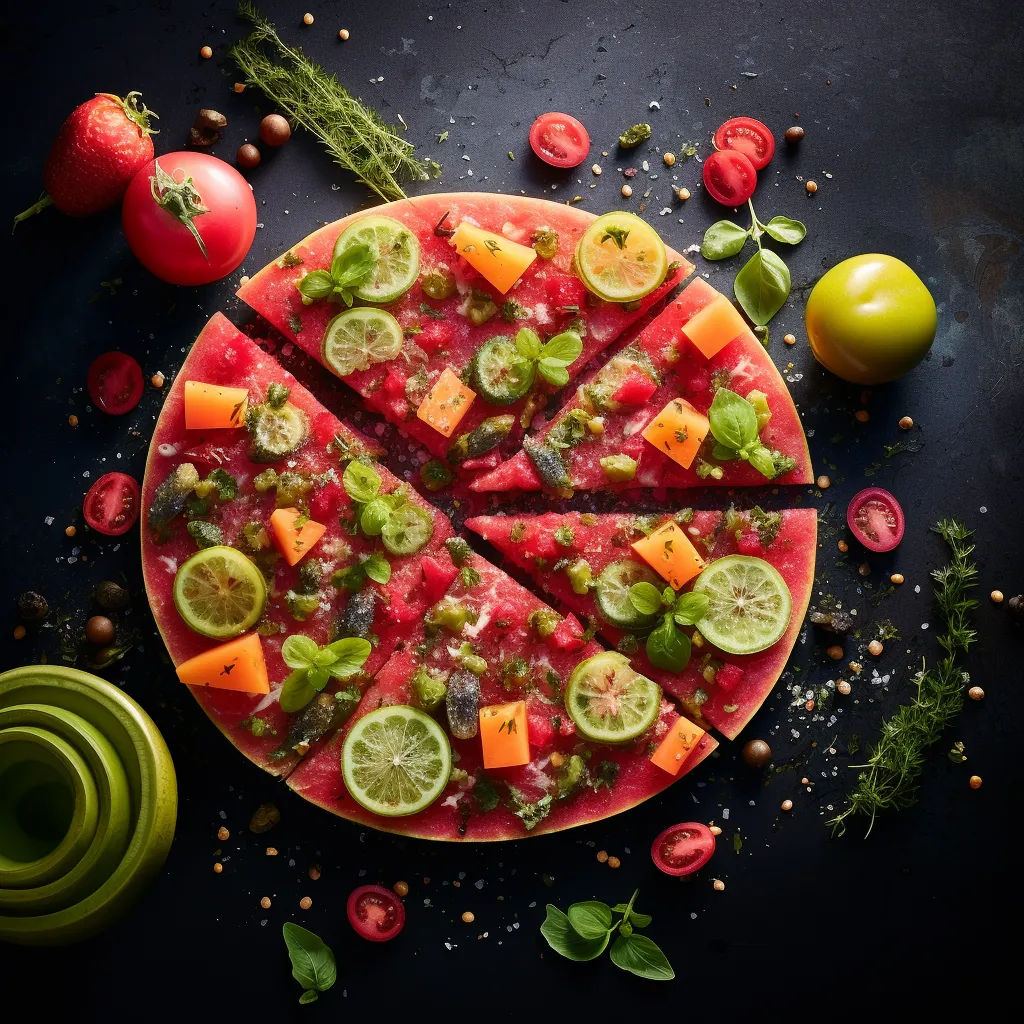 A round slice of watermelon as the base topped with vibrant fruits and herbs, resembling a colorful pizza.
