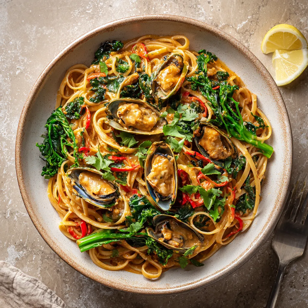 The eye would first meet the firm, glistening pieces of oyster, sitting prettily atop a bed of golden-brown linguine dressed in rustic peanut sauce. Flecks of vibrant, crisp greens & reds from the vegetables and fresh herbs break through the warmth of the pasta, livening the palette.