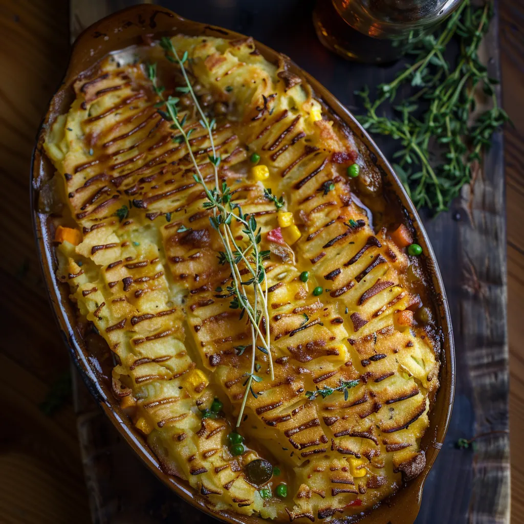 An oval serving dish with a golden, bubbling, crisp potato crown. Beneath, the vibrant textures of sautéed vegetables in a lusciously rich sauce peek out, with the stripe of a whiskey bottle and fresh herbs effortlessly laid around.
