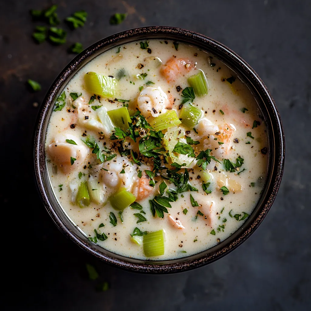 A creamy, lightly bubbling soup, densely packed with vibrant green leeks, pinkish-white seafood pieces and topped with freshly chopped parsley. The soup is served in a contrastingly dark-hued bowl which brings out the creamy color, making for a visually captivating image.