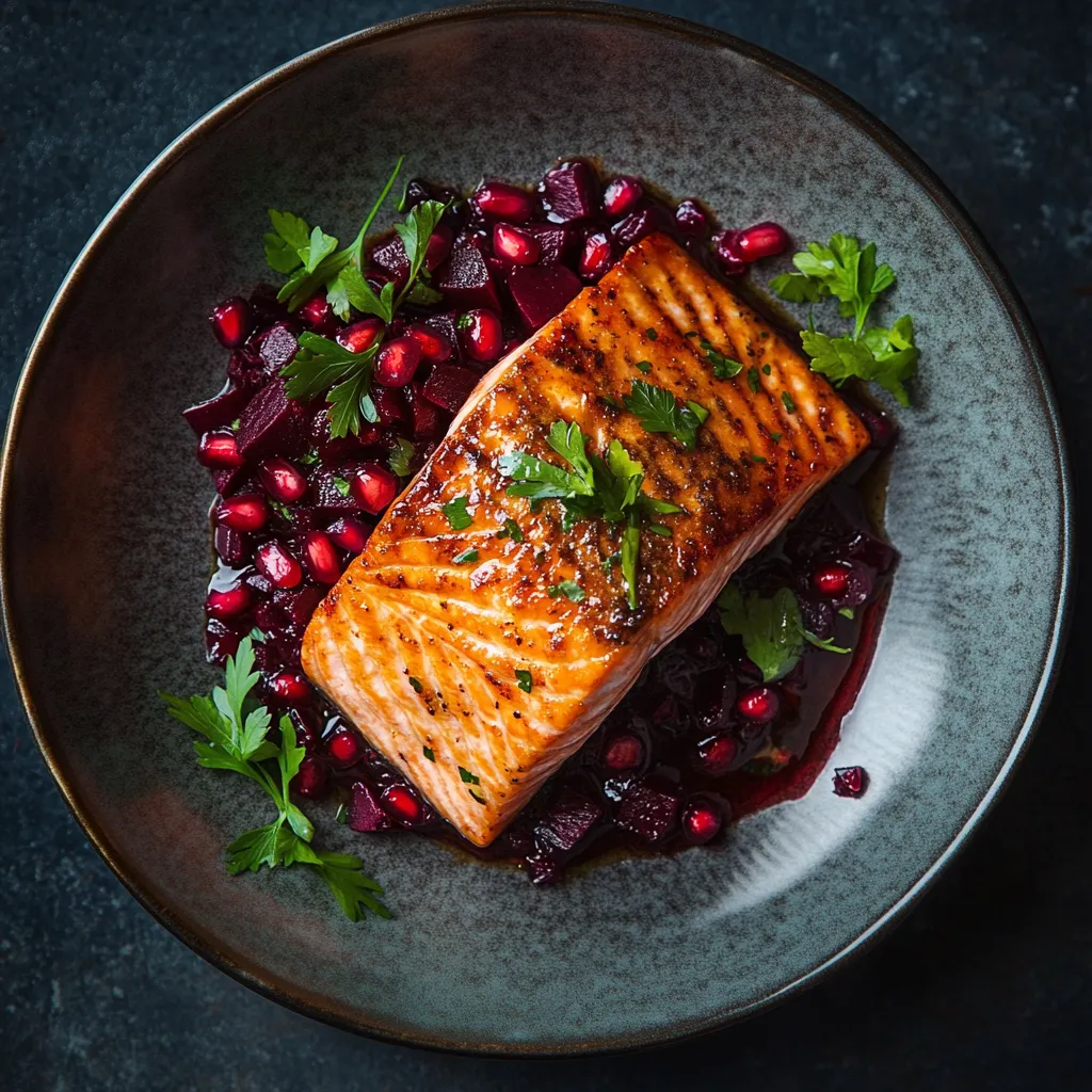 Vibrant curated plate featuring a bronzed salmon fillet with smokey caramelized edges resting peacefully atop a bed of vibrant beetroot-pomegranate relish that delivers a spectrum of colors – deep purples, Reds, and tiny pops of Ruby pomegranate seeds, sprigs of fresh parsley flanking the fillet to impart a burst of green. The dish vibrates with color and texture, making it an Instagram sensation.