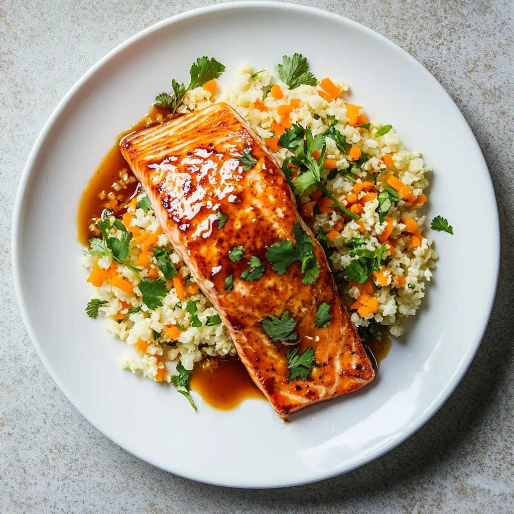 A clean, white plate holds a beautifully arranged dinner. In the center, a vibrant orange salmon fillet, covered with a shiny glaze that accentuates its flakiness. Nestled beside the salmon, a mound of light cauliflower rice speckled with green sprigs of chopped cilantro and highlighted with orange carrot shavings. It's an attractive contrast of color and textures that's sure to garner 'likes' galore.