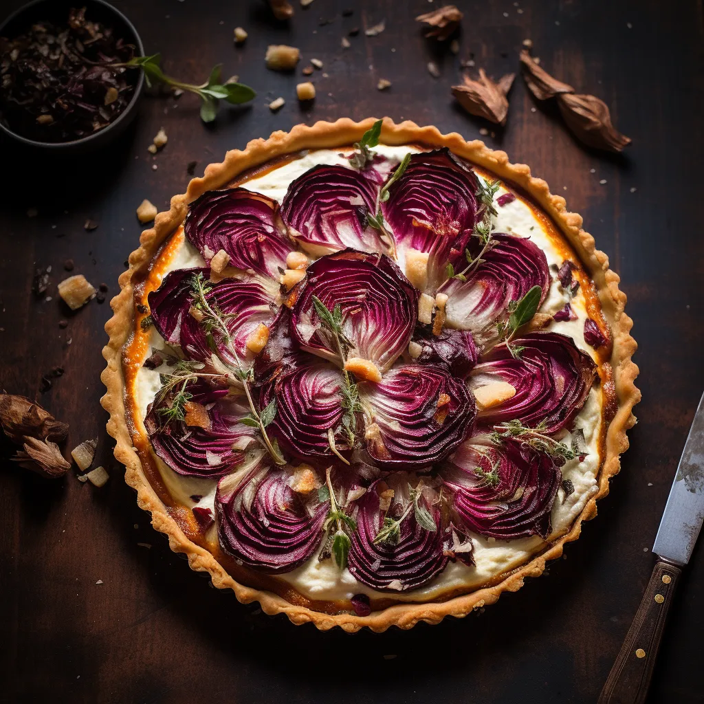 An eclectic purplish-red and brown radial pattern is presented amidst a golden tart crust, adjustable according to the serving size. Dots of creamy white goat cheese juxtapose the vibrant radicchio. A light sprinkling of green thyme leaves contrasts yet complements the tart, arranged on a rustic white plate.