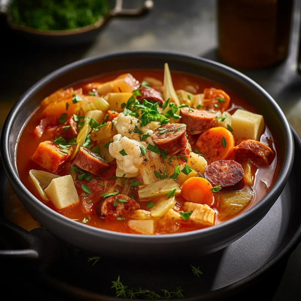 A hearty and colorful stew with chunks of chorizo, cannellini beans, and root vegetables like parsnips, carrots, and turnips.