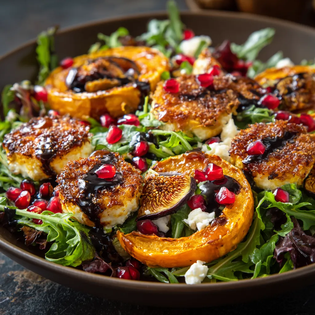 Bountiful slices of orange roasted squash and garnet dried figs are the rock stars of this dish, contrasting against a bed of bright winter greens. Dotted on top is the honey-pecan-crusted goat cheese in golden brown mounds, glistening with a cherry balsamic reduction. A sprinkle of fresh pomegranate arils adds a festive finishing touch.