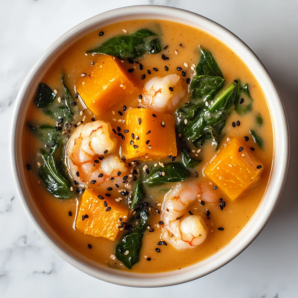 An asymmetrically placed creamy soup base with chunks of orange winter squash, emerald green spinach leaves, and peachy shrimps swimming in harmony. A sprinkle of black sesame seeds adds the finishing touch on top, creating a beautifully contrasting color palette that pops against the white bowl.