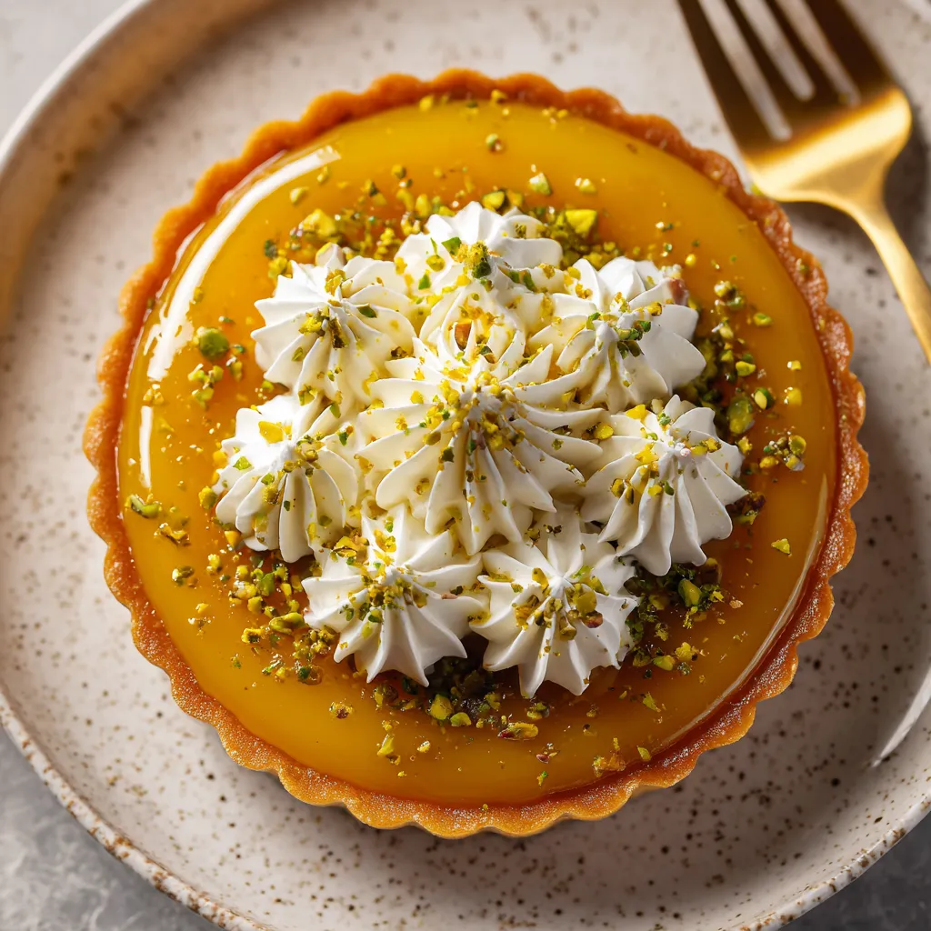 A ravishing, golden-hued tart with a glossy surface, adorned with a crown of whipped cream and a sprinkle of crushed pistachio. The luscious filling peeks through a delicate cut revealing the creamy, squash-yellow center.
