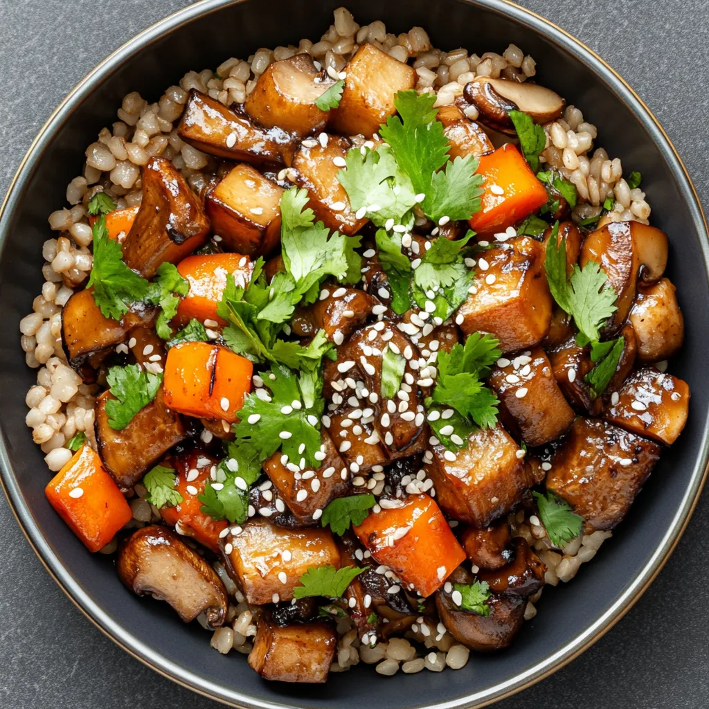 The plated dish looks warm and inviting. Brightly colored, cubed root vegetables and robust shiitake mushrooms are scattered, but neatly stacked over a bed of fluffy barley. The dish is garnished with fresh, green sprigs of cilantro and white sesame seeds lending a contrast to the earthy colors. A drizzle of thick, dark sauce glistening under ambient light makes the dish look delectably juicy.