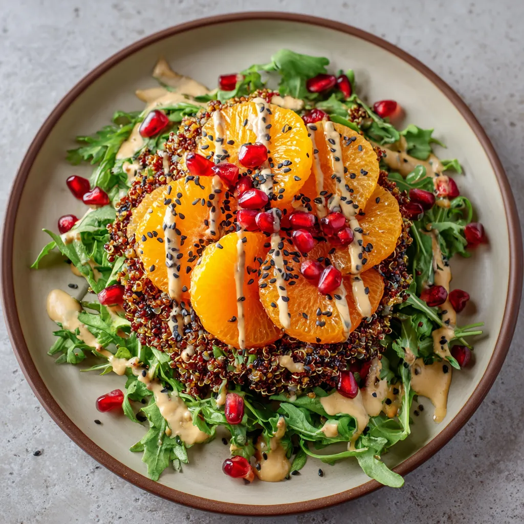 Vibrant colors fill your plate. Verdant arugula sits as the base, topped by a mound of warm quinoa, pomegranate seeds sprinkled around, adding pops of ruby red. Slices of bright orange persimmons and clementines rest artfully atop the quinoa, their hue reminiscent of a winter sunset. All of this is generously drizzled with a creamy miso-tahini dressing, and garnished with a sprinkle of black and white sesame seeds.