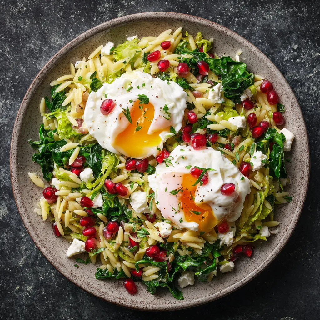 A serving of glistening, warm orzo mixed with bright green escarole, dots of tangy feta, and garnished with ruby-red pomegranate seeds. Nestled on top are two perfectly poached eggs with vibrant yolks just waiting to spill upon breaking. The dish is completed with a sprinkle of aromatic winter herbs.