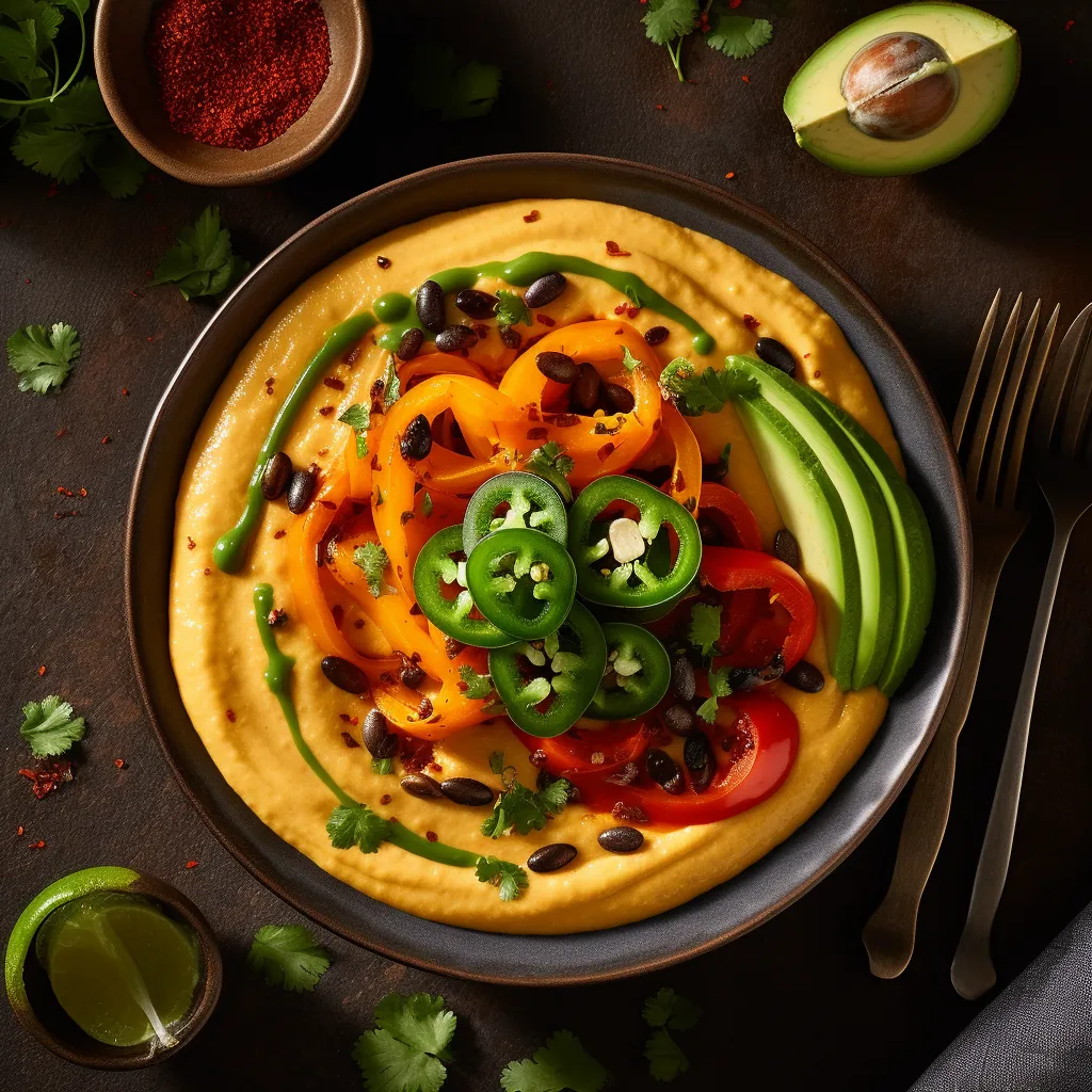 A bed of spicy mashed butternut squash topped with sautéed red peppers, black beans, and corn, garnished with sliced jalapeños, and drizzled with creamy avocado sauce.