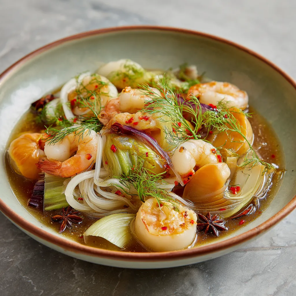 A vibrant round porcelain dish holds a colorful array of seafood: pink and white shrimp, lush orange sea scallops, green fennel fronds, and contrast of opaque white noodles. Glistening with the sheen of a fragrant soy-based sauce, specks of red chili flakes and shards of star anise float, adding a hint of visual drama.
