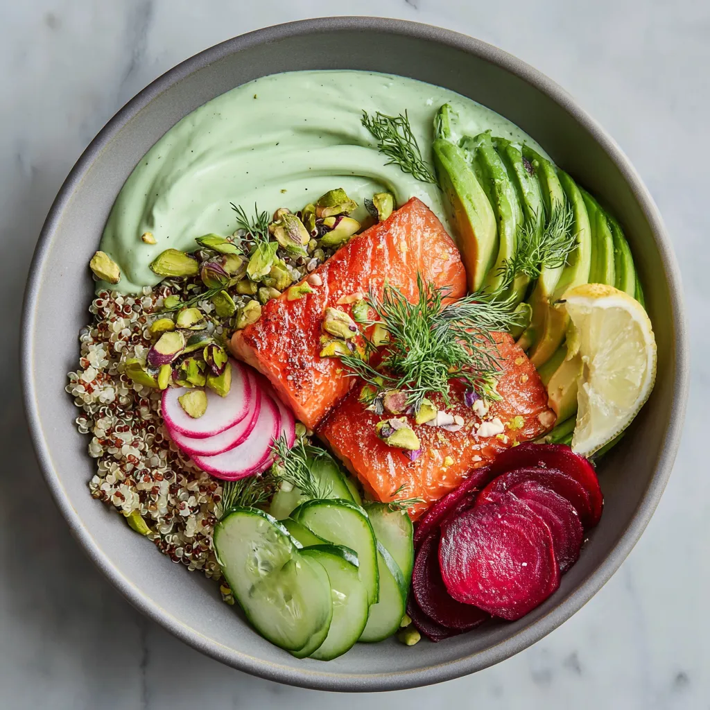 From above, a wide shallow bowl shows a swoosh of pale green yogurt, a neat mound of fluffy quinoa, glossy roasted salmon with crisp edges, ruby beet wedges, cucumber ribbons, avocado fan, radish slices, and a scatter of pistachios, dill, mint, and microgreens for a bright rainbow effect.