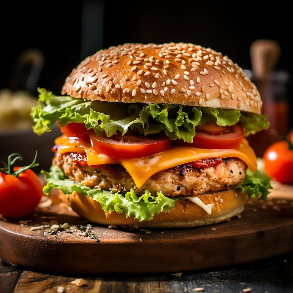 A thick, juicy turkey patty sits proudly on a toasted, golden-brown whole-grain bun, adorned with a slice of glistening cheddar cheese melting into the nooks of the patty. Fresh, crisp lettuce and tomato add pops of vibrant green and red, while a dollop of tangy homemade sauce peaks seductively from the edges. Served with a vibrant, colorful mix of fresh vegetable and quinoa salad.