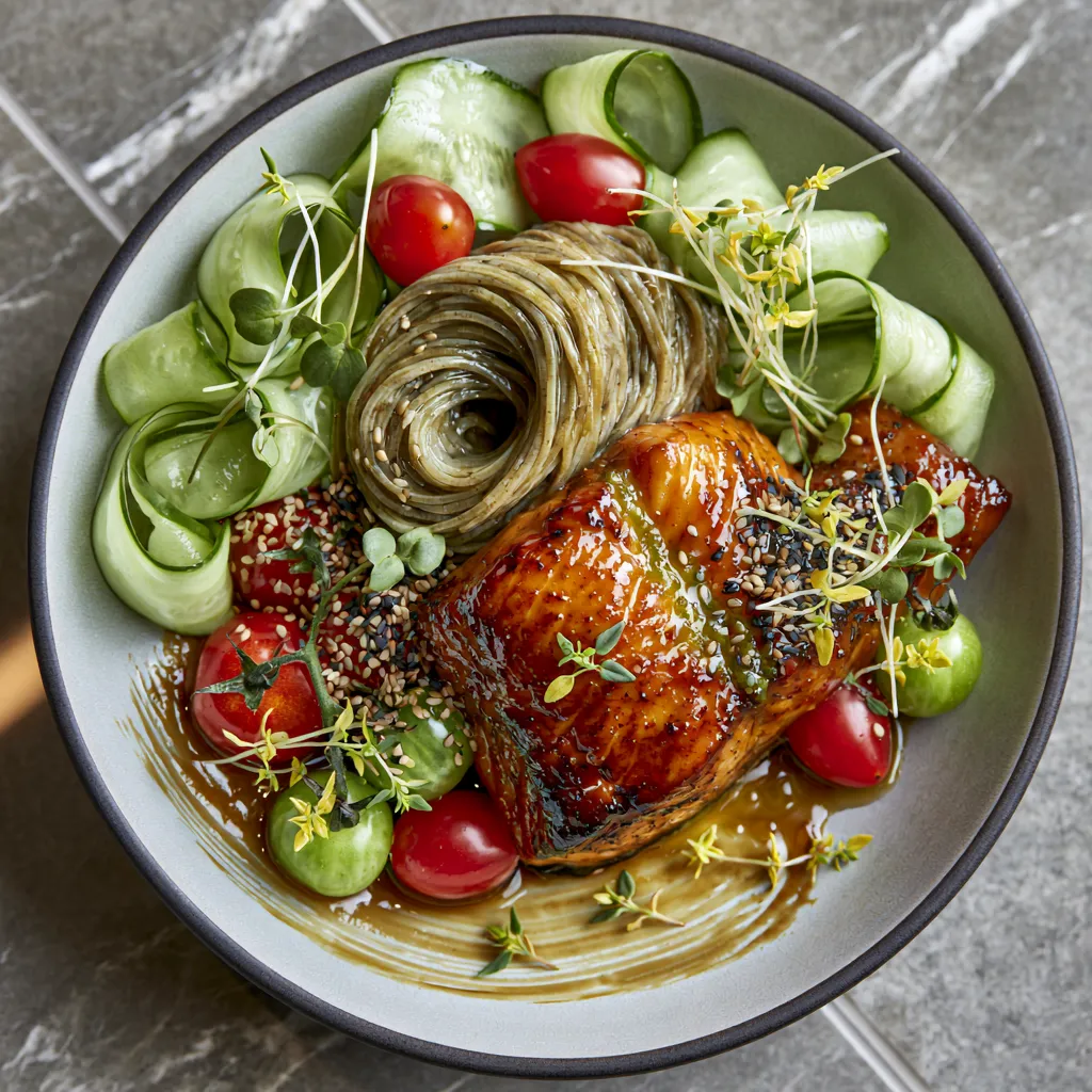 From above, a shallow bowl shows a neat twirl of chilled soba beside a lacquered salmon fillet gleaming amber-brown, surrounded by pale green cucumber ribbons, jewel-like cherry tomatoes, sesame seeds, microgreens, and tiny lemon thyme leaves over a brushstroke of glossy sauce.