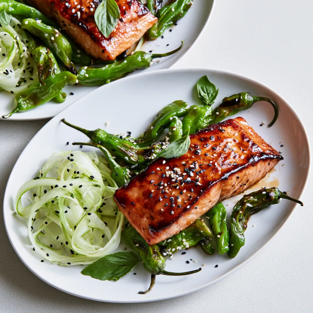 From above, two lacquered salmon fillets sit slightly off-center on white plates, caramelized and glistening, surrounded by blistered green shishito peppers, pale cucumber ribbons curled into loose nests, black and white sesame scattered over everything, with tiny basil and shiso leaves adding vivid green contrast.