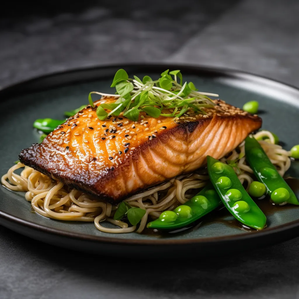 On a large plate, you'll see a perfectly cooked salmon fillet with a crispy skin on the top of a bed of chilled soba noodles and crunchy snow peas. A generous amount of yuzu-miso sauce is drizzled over the salmon and noodles, and finished with a sprinkle of toasted sesame seeds and scallions for garnish.