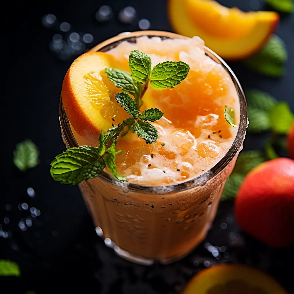 A smoothie with a vibrant orange color, topped with a sprinkle of crushed ice and garnished with a fresh peach slice and a sprig of mint.