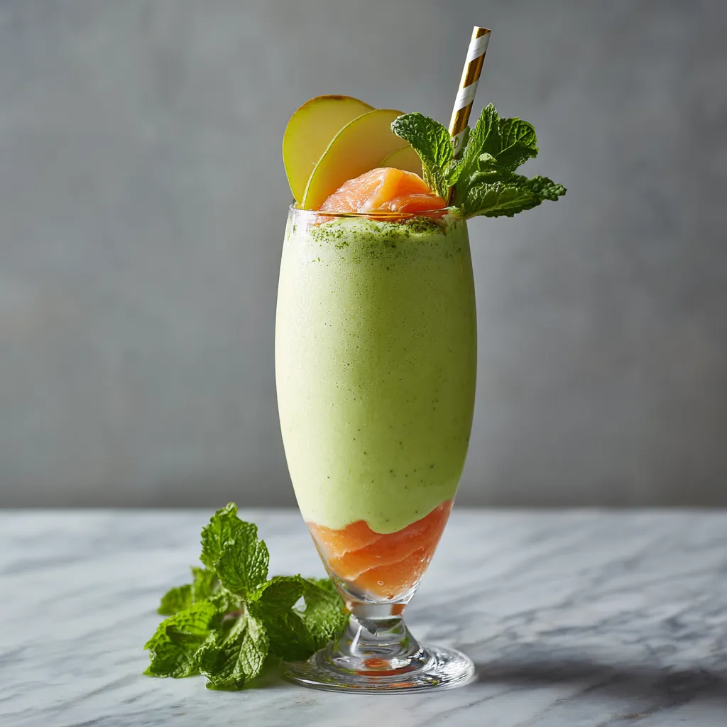 A smooth, milky green smoothie served in sleek, tall glass embellished by half-moon slices of pear adorning the rim. A vibrant orange layer of salmon sits at the bottom, topped by a frothy, lucent green coulis of yuzu and green tea. Completed with a fancy striped straw and garnished with a sprig of fresh mint leaves.