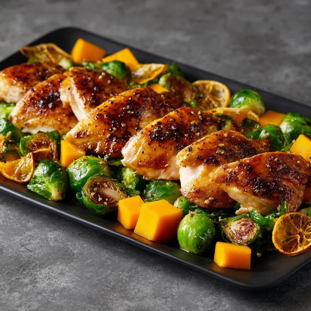 A sleek black serving platter features beautifully golden-brown roasted chicken cuts, nestled among a bed of vibrant green Brussels sprouts and cubes of stunningly bright orange pumpkin. The dish glimmers subtly from the caramelized yuzu sauce that has formed a gentle glaze over its surfaces, with hints of charred edges for contrast. A couple of softly amber yuzu slices linger around the corners, completing the spectacle.