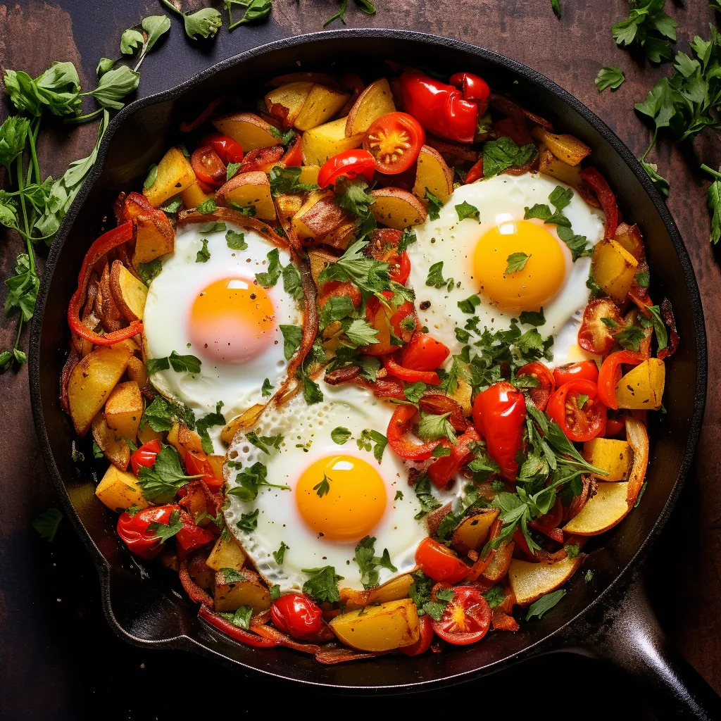 A colorful hash brown skillet adorned with bright red tomatoes, yellow bell peppers, and sprinkles of vibrant green oregano. A sunny-side-up egg proudly sits in the center, its yolk gleaming invitingly.