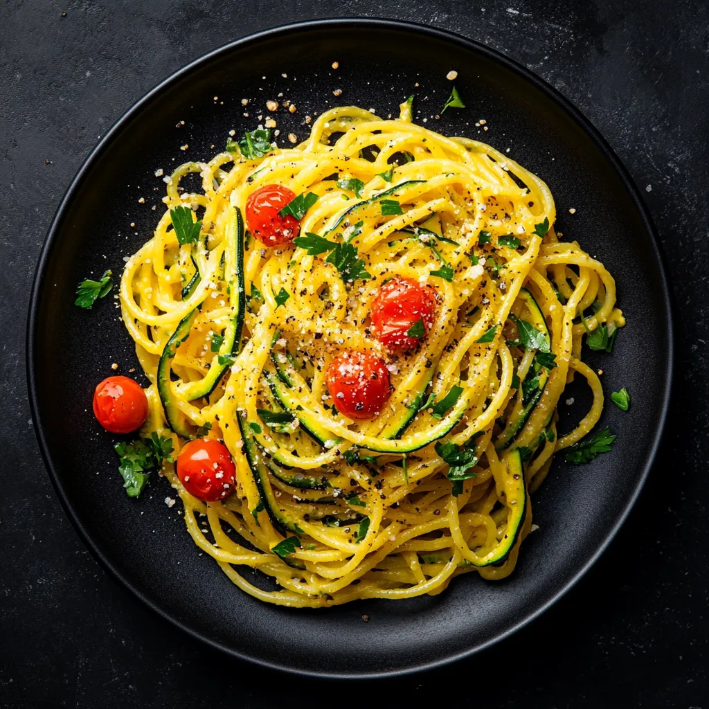 On a glossy, jet black ceramic plate, sun-yellow spaghetti strands twirl around like a dancer in a sleek number. Dotted amongst the pasta twirls are specks of dazzling green zucchini ribbons and coriander. A scattering of vibrant, ruby red cherry tomatoes adds a pop of colour and tempting visual appeal, just asking to be freshly cracked black peppered.