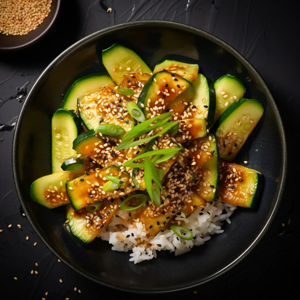 The dish features thin slices of zucchini and scallions over a bed of rice with a sprinkle of sesame seeds.