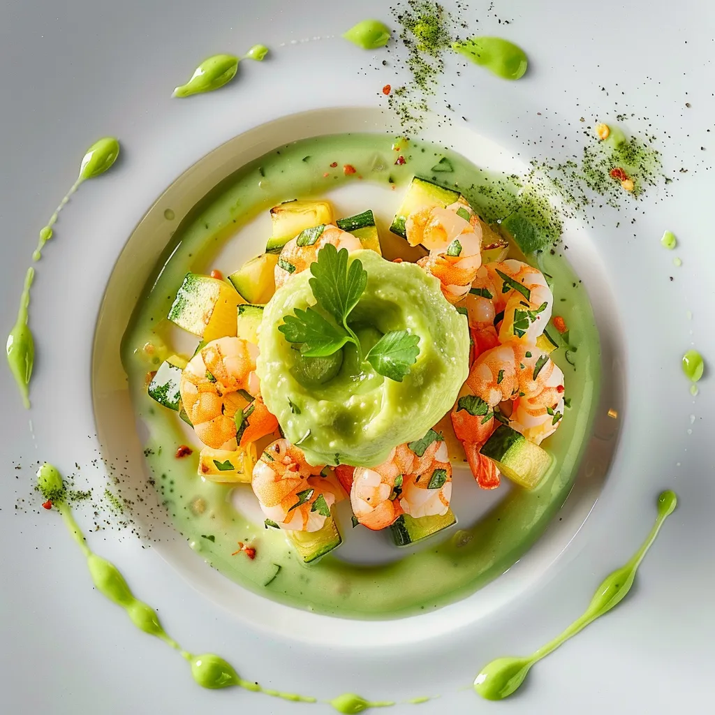 A delicate cluster of diced zucchini and shrimp occupy the center of a white plate, sprinkled with green cilantro and glistening in citric marinade. The edges of the vivid mixture are framed by rosily cooked shrimp. A mysterious, light green cloud floats above the ceviche, gently descending on the tasty landscape beneath