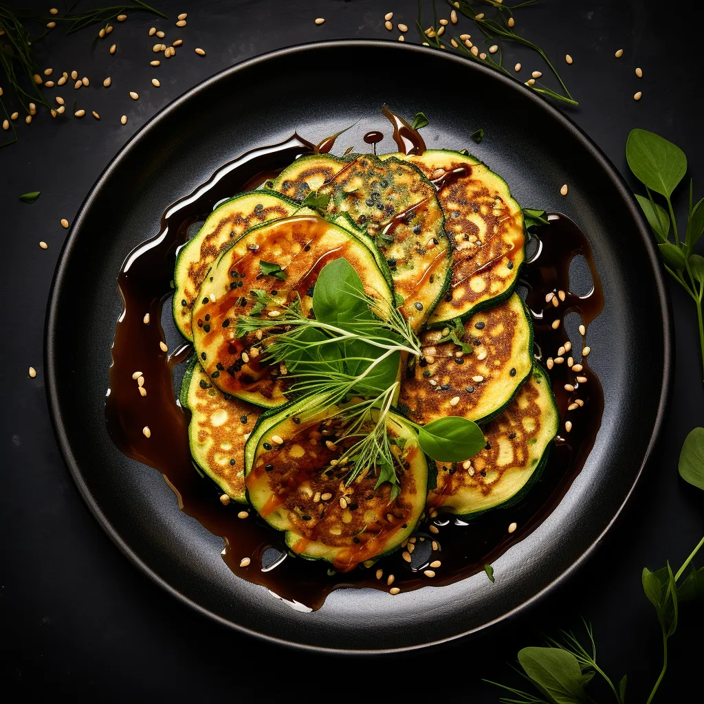 Plated dish featuring zucchini pancakes topped with a drizzle of soy dipping sauce, garnished with fresh herbs and sesame seeds.