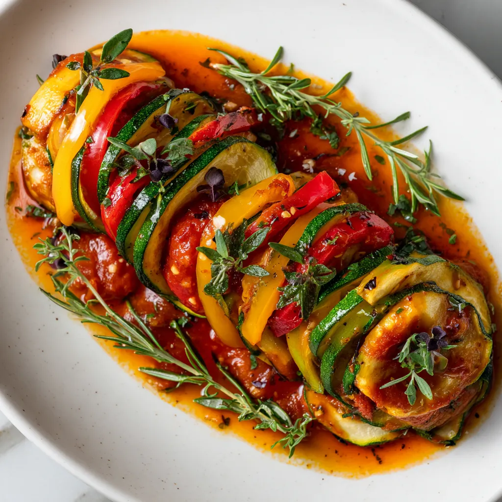 A visual delight with golden roasted zucchini rounds layered in vivid patterns with strips of bell pepper, in a luscious tomato sauce, garnished with sprigs of fresh herbs.