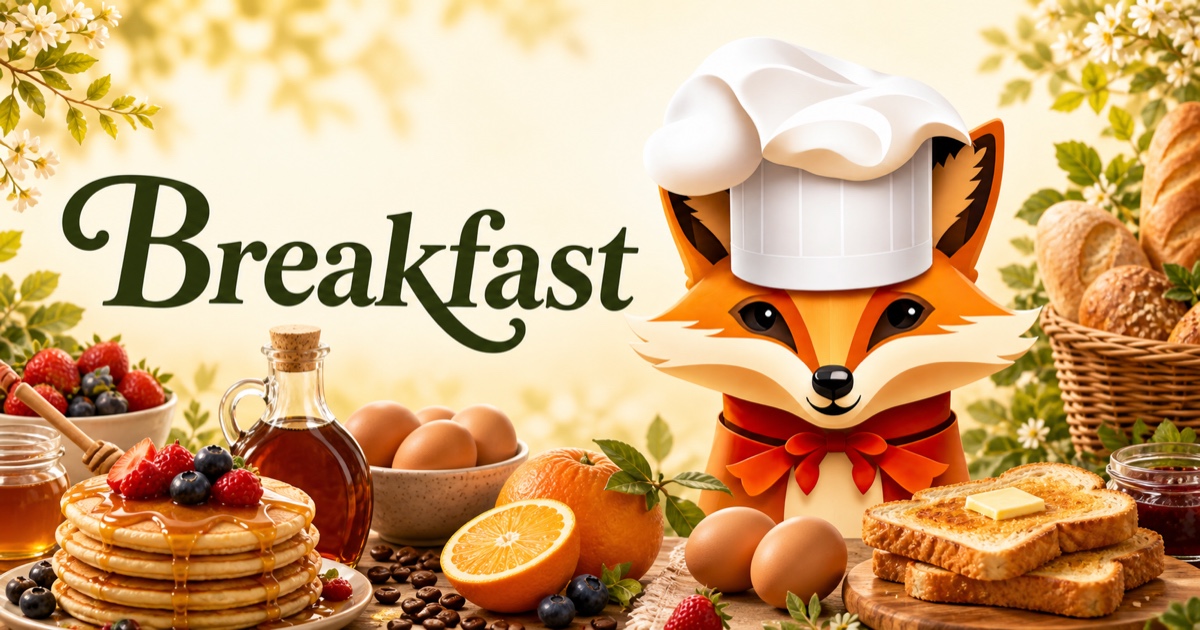 Fancy Fox chef surrounded by food for Breakfast recipes