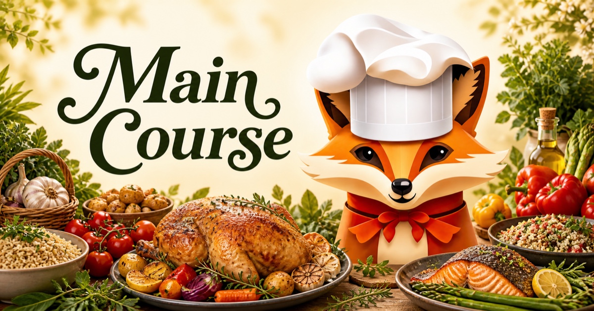 Fancy Fox chef surrounded by food for Main Course recipes