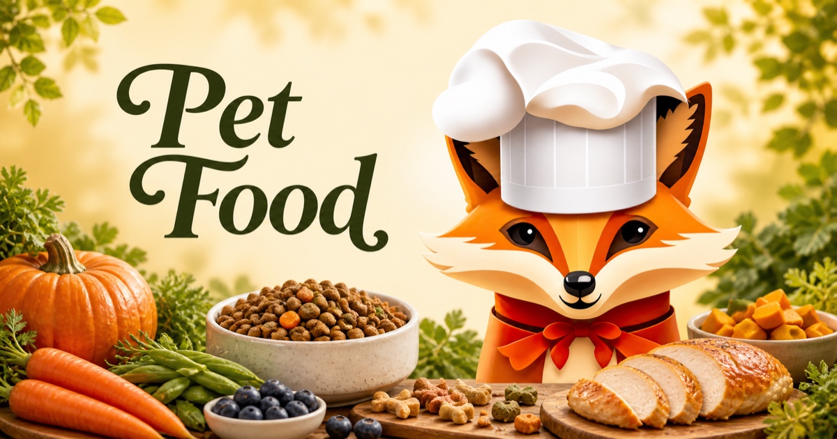Fancy Fox chef surrounded by food for Pet Food recipes